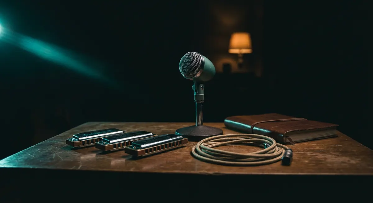 Tres armónicas, un micrófono de bala y un cable enrollado sobre una mesa de madera en penumbra.